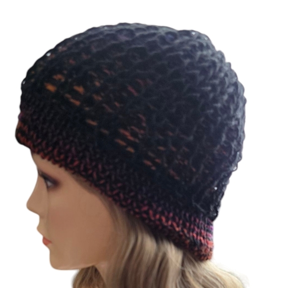 Handmade knitted beanie toque knit mesh overlay vegan leather tag slight slouch - Picture 3 of 6